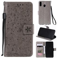 Embossing Cherry Blossom Cat Leather Wallet Case for Samsung Galaxy M20 - Gray