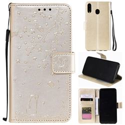 Embossing Cherry Blossom Cat Leather Wallet Case for Samsung Galaxy M20 - Golden