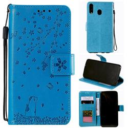 Embossing Cherry Blossom Cat Leather Wallet Case for Samsung Galaxy M20 - Blue