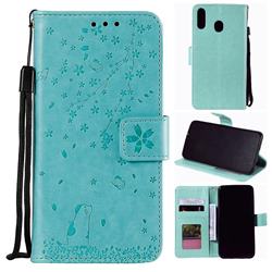 Embossing Cherry Blossom Cat Leather Wallet Case for Samsung Galaxy M20 - Green