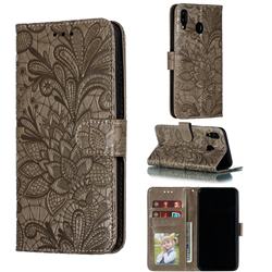 Intricate Embossing Lace Jasmine Flower Leather Wallet Case for Samsung Galaxy M20 - Gray