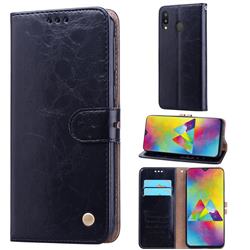 Luxury Retro Oil Wax PU Leather Wallet Phone Case for Samsung Galaxy M20 - Deep Black