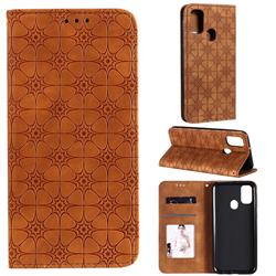 Intricate Embossing Four Leaf Clover Leather Wallet Case for Samsung Galaxy M21 - Yellowish Brown