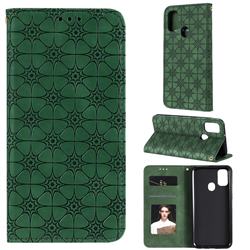 Intricate Embossing Four Leaf Clover Leather Wallet Case for Samsung Galaxy M21 - Blackish Green