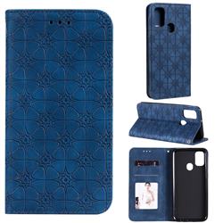Intricate Embossing Four Leaf Clover Leather Wallet Case for Samsung Galaxy M21 - Dark Blue