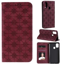 Intricate Embossing Four Leaf Clover Leather Wallet Case for Samsung Galaxy M21 - Claret
