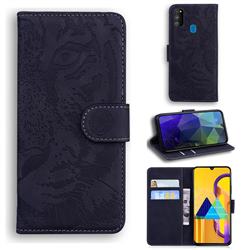 Intricate Embossing Tiger Face Leather Wallet Case for Samsung Galaxy M21 - Black