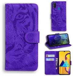Intricate Embossing Tiger Face Leather Wallet Case for Samsung Galaxy M21 - Purple