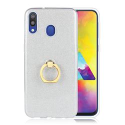 Luxury Soft TPU Glitter Back Ring Cover with 360 Rotate Finger Holder Buckle for Samsung Galaxy M30 - White
