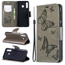 Embossing Double Butterfly Leather Wallet Case for Samsung Galaxy M30 - Gray
