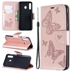 Embossing Double Butterfly Leather Wallet Case for Samsung Galaxy M30 - Rose Gold