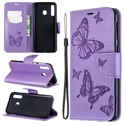 Embossing Double Butterfly Leather Wallet Case for Samsung Galaxy M30 - Purple