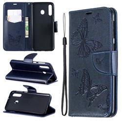 Embossing Double Butterfly Leather Wallet Case for Samsung Galaxy M30 - Dark Blue