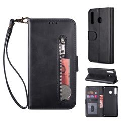Retro Calfskin Zipper Leather Wallet Case Cover for Samsung Galaxy M30 - Black