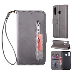 Retro Calfskin Zipper Leather Wallet Case Cover for Samsung Galaxy M30 - Grey