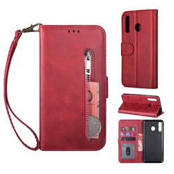 Retro Calfskin Zipper Leather Wallet Case Cover for Samsung Galaxy M30 - Red