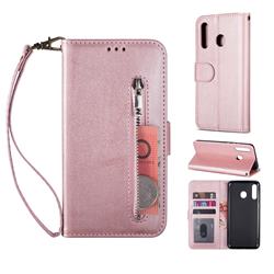 Retro Calfskin Zipper Leather Wallet Case Cover for Samsung Galaxy M30 - Rose Gold