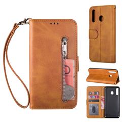Retro Calfskin Zipper Leather Wallet Case Cover for Samsung Galaxy M30 - Brown