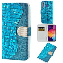 Glitter Diamond Buckle Laser Stitching Leather Wallet Phone Case for Samsung Galaxy M30 - Blue