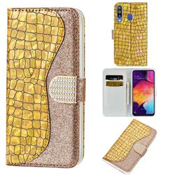 Glitter Diamond Buckle Laser Stitching Leather Wallet Phone Case for Samsung Galaxy M30 - Gold