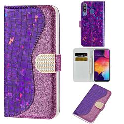 Glitter Diamond Buckle Laser Stitching Leather Wallet Phone Case for Samsung Galaxy M30 - Purple