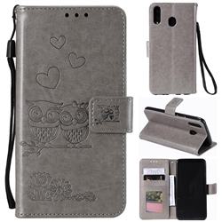Embossing Owl Couple Flower Leather Wallet Case for Samsung Galaxy M30 - Gray
