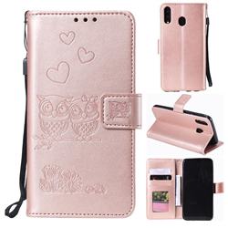 Embossing Owl Couple Flower Leather Wallet Case for Samsung Galaxy M30 - Rose Gold
