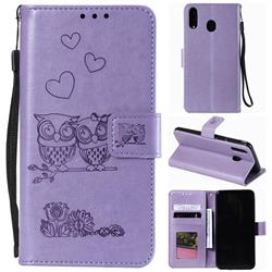 Embossing Owl Couple Flower Leather Wallet Case for Samsung Galaxy M30 - Purple