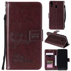 Embossing Owl Couple Flower Leather Wallet Case for Samsung Galaxy M30 - Brown