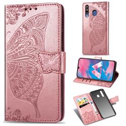 Embossing Mandala Flower Butterfly Leather Wallet Case for Samsung Galaxy M30 - Rose Gold