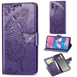 Embossing Mandala Flower Butterfly Leather Wallet Case for Samsung Galaxy M30 - Dark Purple