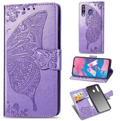 Embossing Mandala Flower Butterfly Leather Wallet Case for Samsung Galaxy M30 - Light Purple