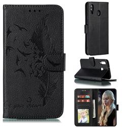 Intricate Embossing Lychee Feather Bird Leather Wallet Case for Samsung Galaxy M30 - Black