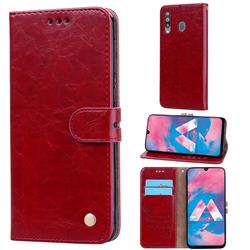 Luxury Retro Oil Wax PU Leather Wallet Phone Case for Samsung Galaxy M30 - Brown Red