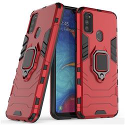Black Panther Armor Metal Ring Grip Shockproof Dual Layer Rugged Hard Cover for Samsung Galaxy M30s - Red