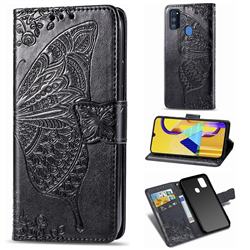 Embossing Mandala Flower Butterfly Leather Wallet Case for Samsung Galaxy M30s - Black