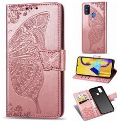 Embossing Mandala Flower Butterfly Leather Wallet Case for Samsung Galaxy M30s - Rose Gold