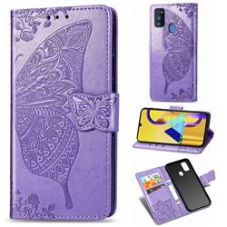 Embossing Mandala Flower Butterfly Leather Wallet Case for Samsung Galaxy M30s - Light Purple
