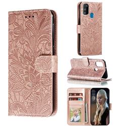 Intricate Embossing Lace Jasmine Flower Leather Wallet Case for Samsung Galaxy M30s - Rose Gold