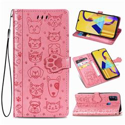 Embossing Dog Paw Kitten and Puppy Leather Wallet Case for Samsung Galaxy M30s - Pink