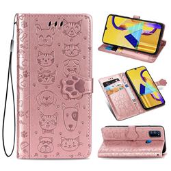 Embossing Dog Paw Kitten and Puppy Leather Wallet Case for Samsung Galaxy M30s - Rose Gold