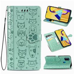 Embossing Dog Paw Kitten and Puppy Leather Wallet Case for Samsung Galaxy M30s - Green