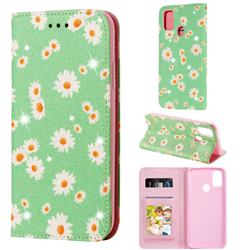 Ultra Slim Daisy Sparkle Glitter Powder Magnetic Leather Wallet Case for Samsung Galaxy M30s - Green