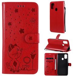 Embossing Bee and Cat Leather Wallet Case for Samsung Galaxy M30s - Red