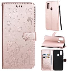 Embossing Bee and Cat Leather Wallet Case for Samsung Galaxy M30s - Rose Gold