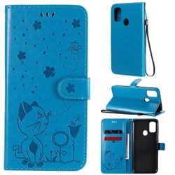 Embossing Bee and Cat Leather Wallet Case for Samsung Galaxy M30s - Blue