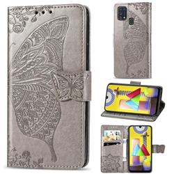 Embossing Mandala Flower Butterfly Leather Wallet Case for Samsung Galaxy M31 - Gray