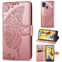 Embossing Mandala Flower Butterfly Leather Wallet Case for Samsung Galaxy M31 - Rose Gold