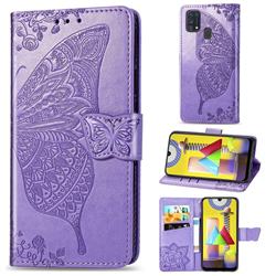 Embossing Mandala Flower Butterfly Leather Wallet Case for Samsung Galaxy M31 - Light Purple