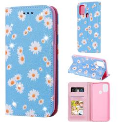 Ultra Slim Daisy Sparkle Glitter Powder Magnetic Leather Wallet Case for Samsung Galaxy M31 - Blue